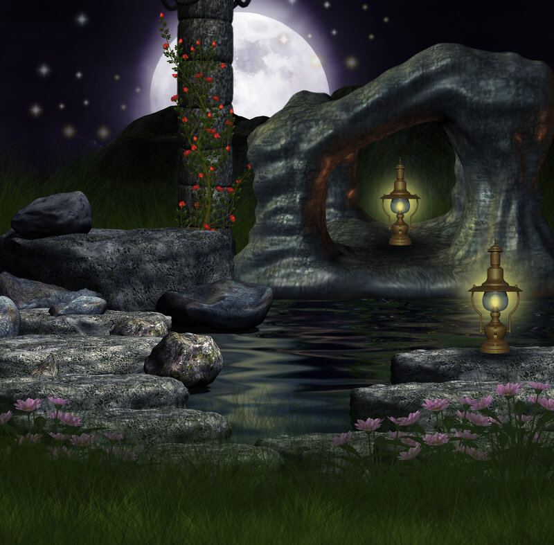 Lanterns in Moonlit Garden