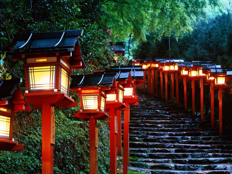Lanterns on a forest path