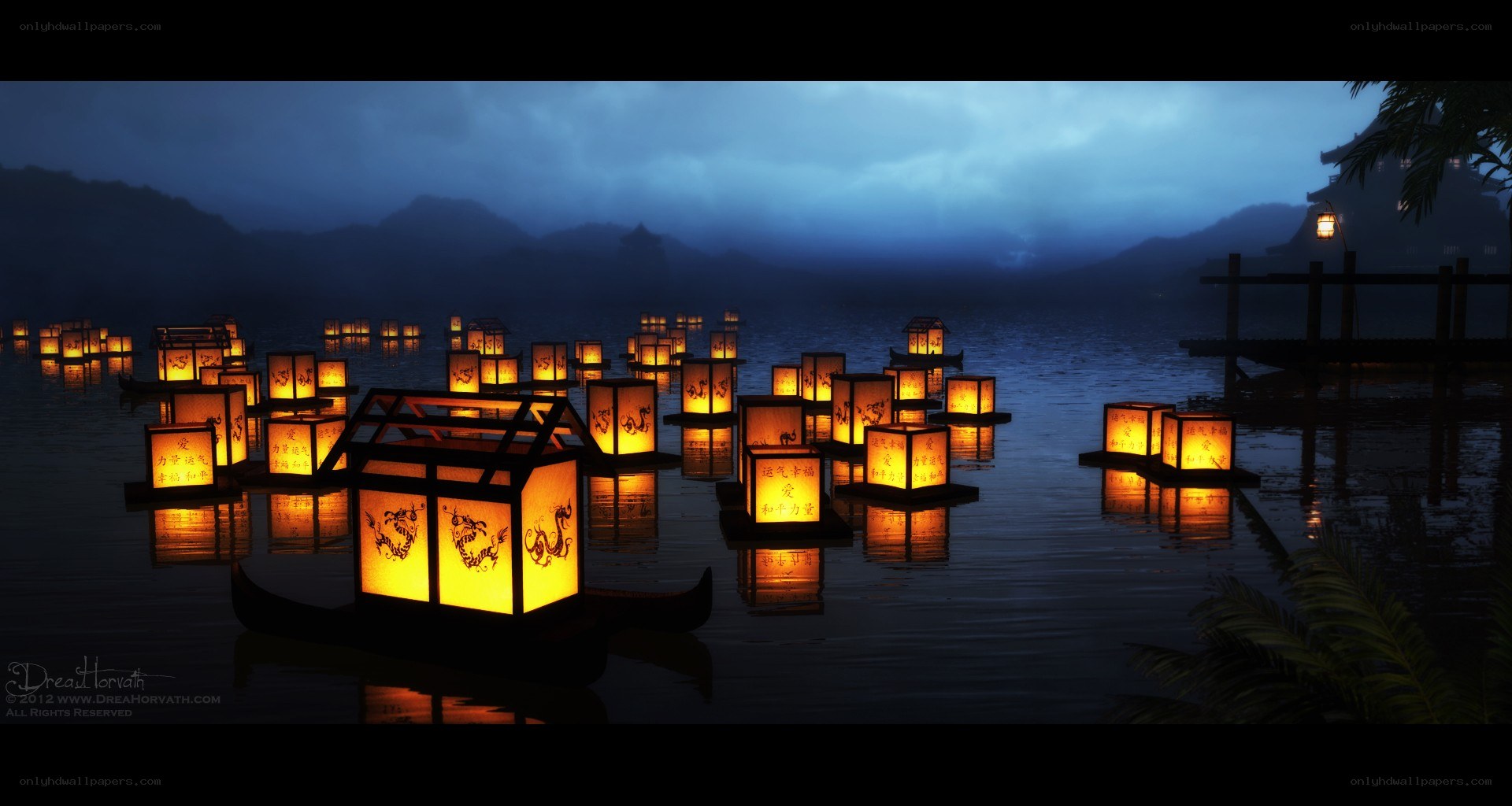 Lanterns on a misty lake