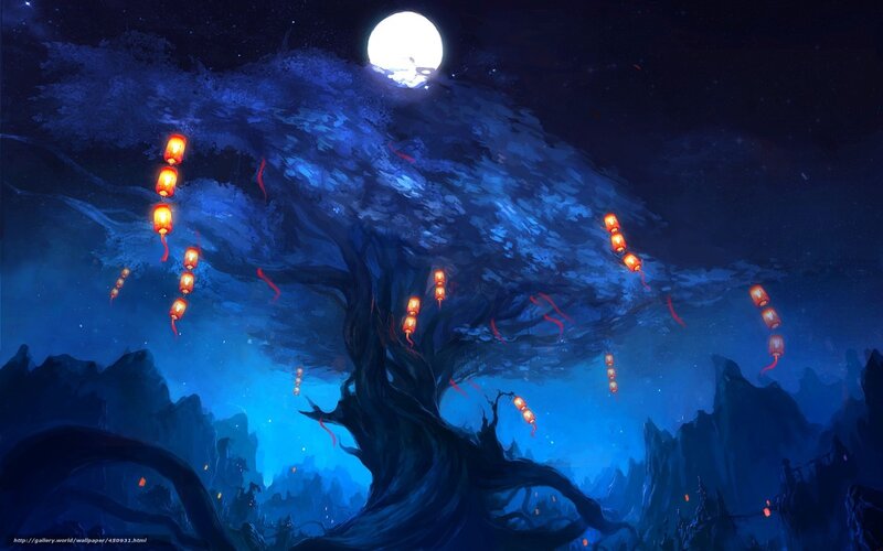Lanterns on a moonlit tree