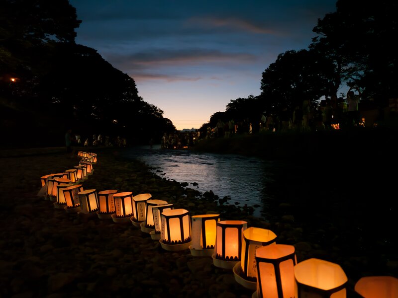 Lanterns on Riverbank — Orange