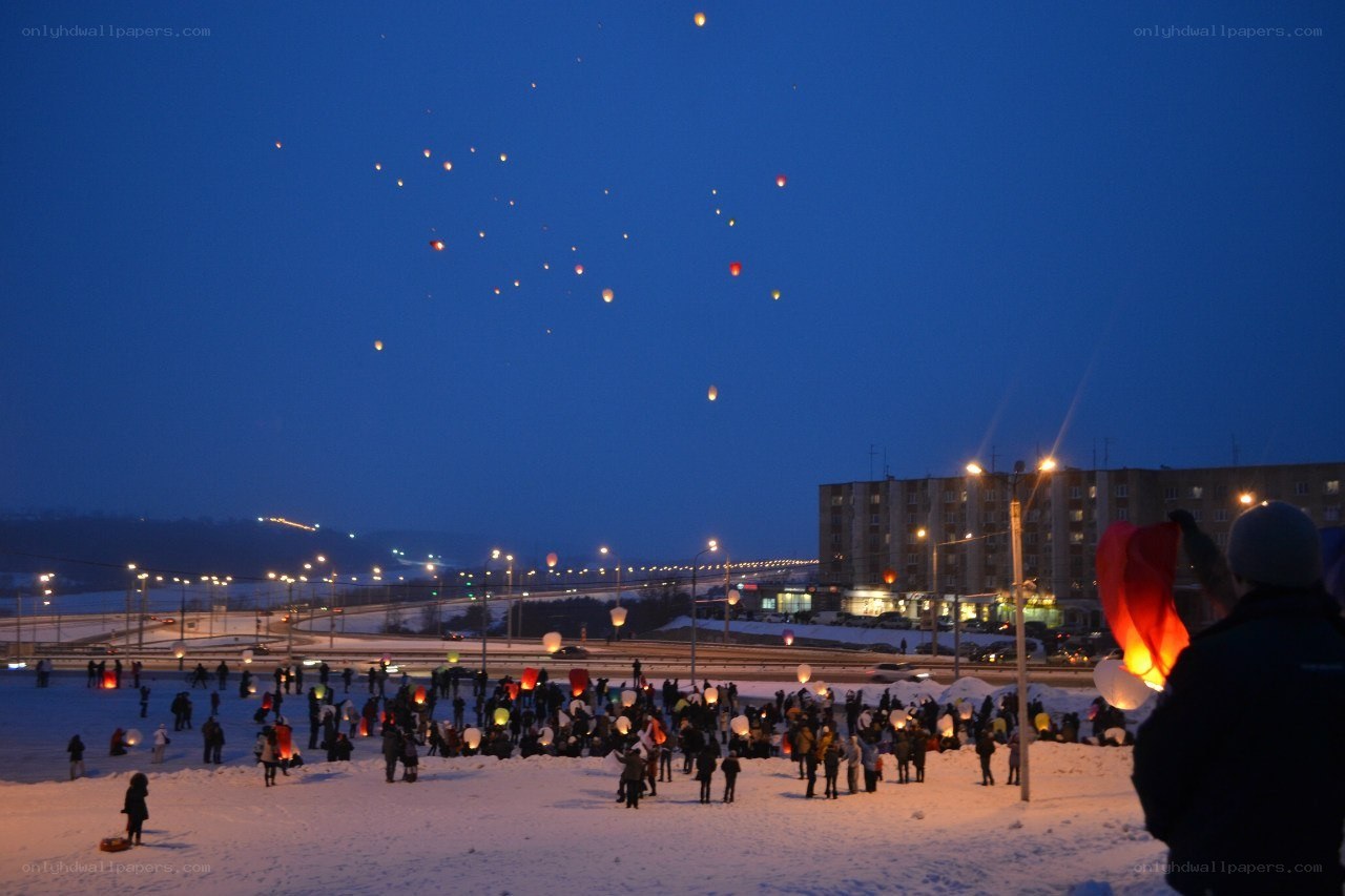 Lanterns released at night