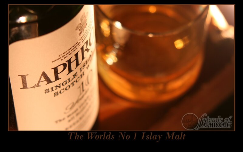 Laphroaig whisky bottle and glass