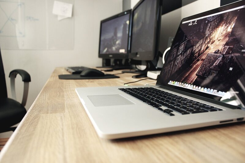 Laptop on Wooden Desk — Brown, Neutral