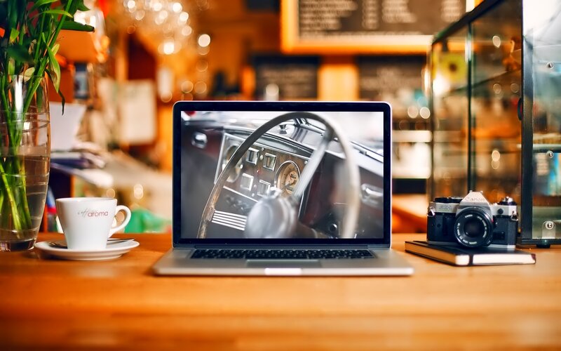 Laptop on Wooden Table — Brown, Calm