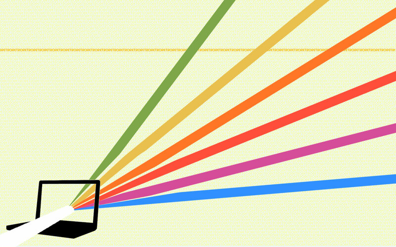 laptop projecting rainbow beams