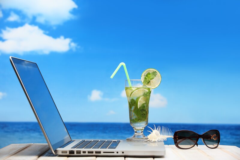 Laptop with Drink on Beach