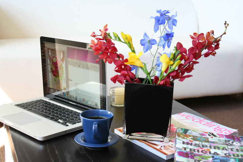 Laptop with Flowers and Coffee