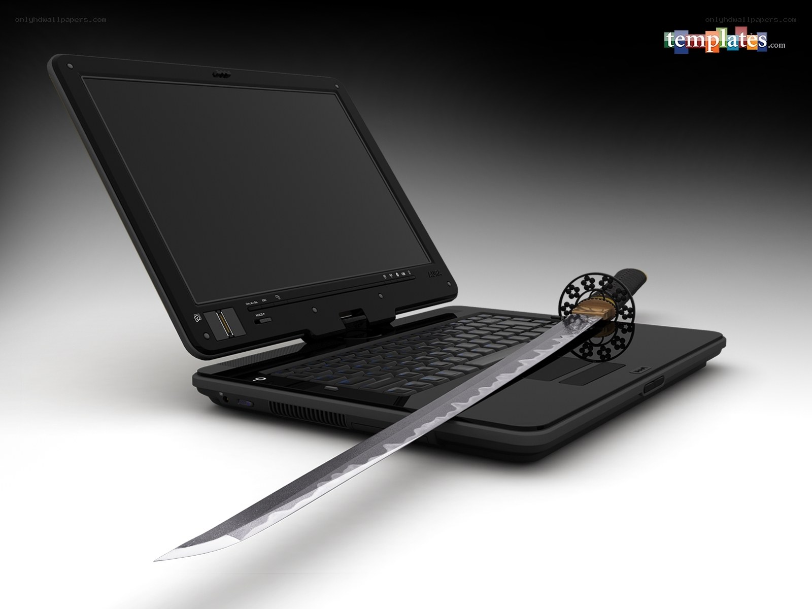 laptop with katana sword