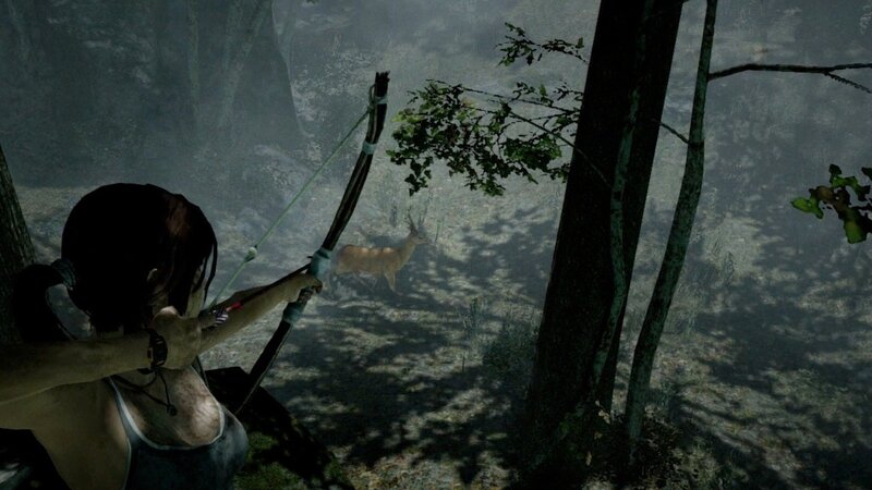 Lara aiming bow at deer