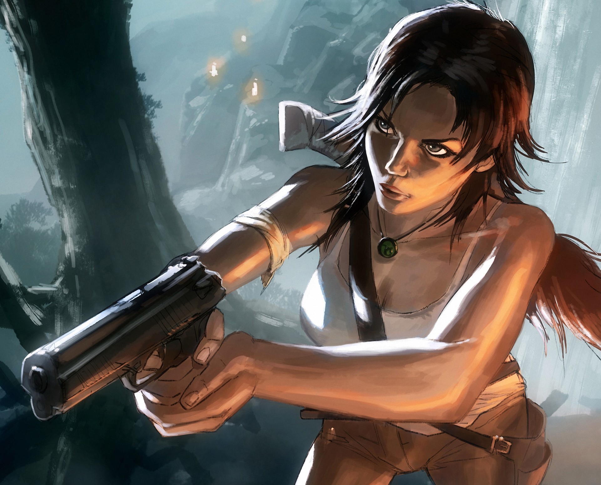 Lara Croft aiming a pistol