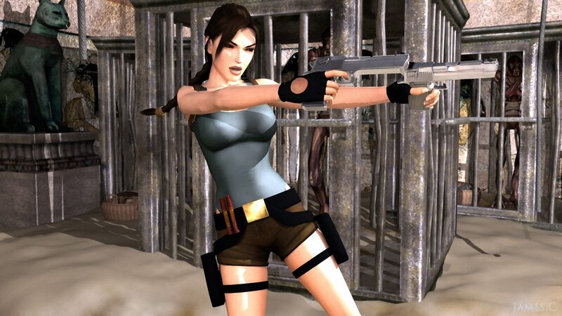 Lara Croft aiming dual pistols