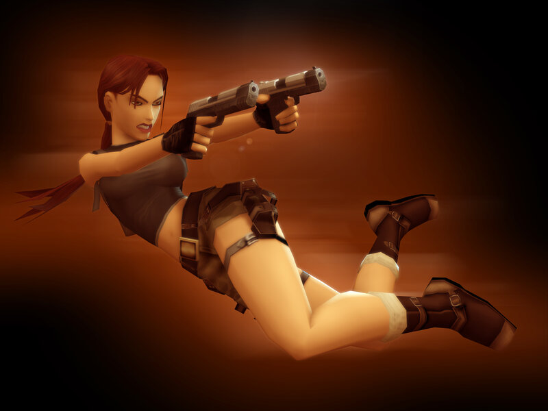 Lara Croft aiming dual pistols