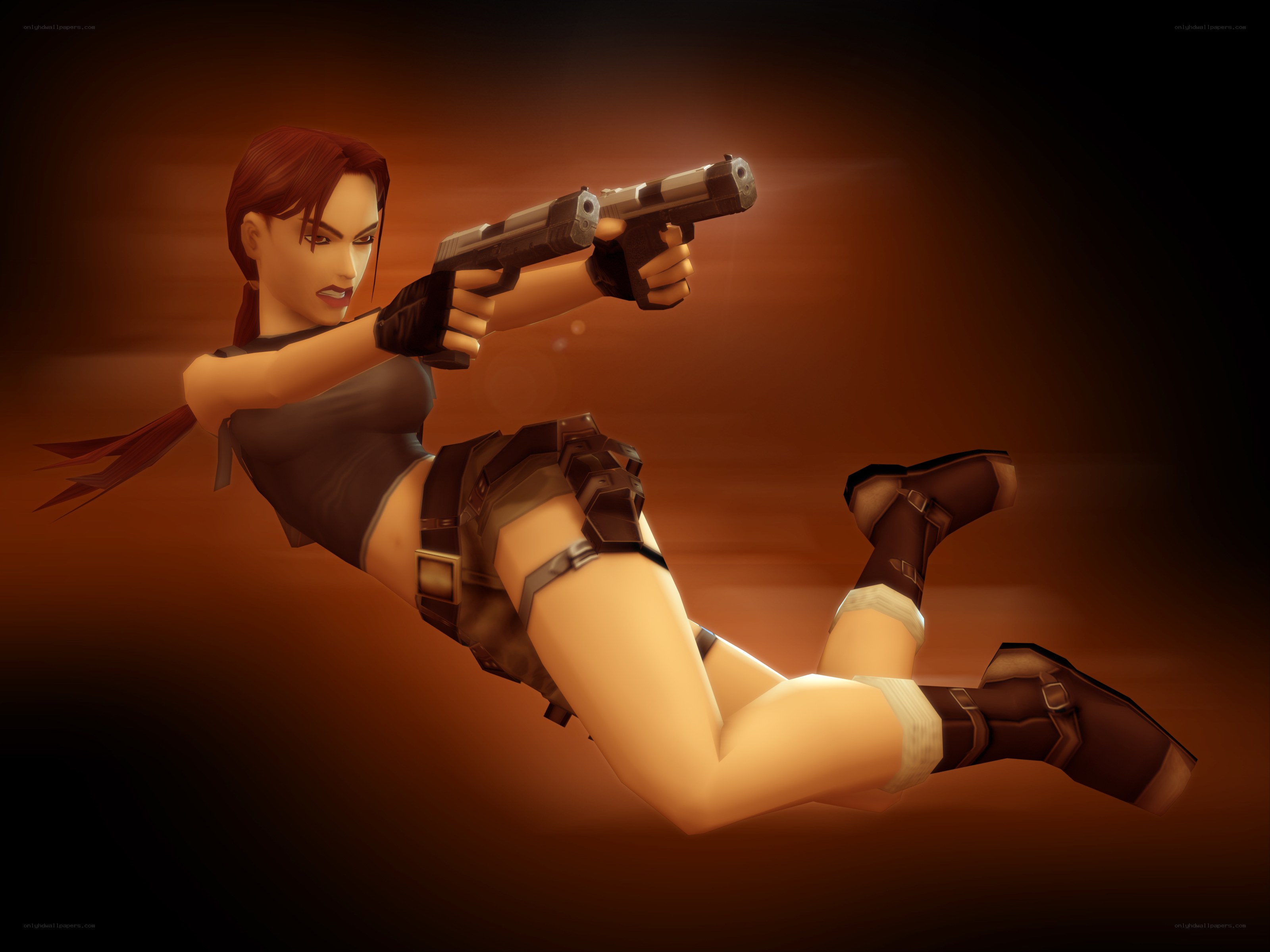 Lara Croft aiming dual pistols