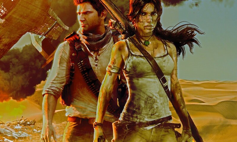 Lara Croft and a companion in desert