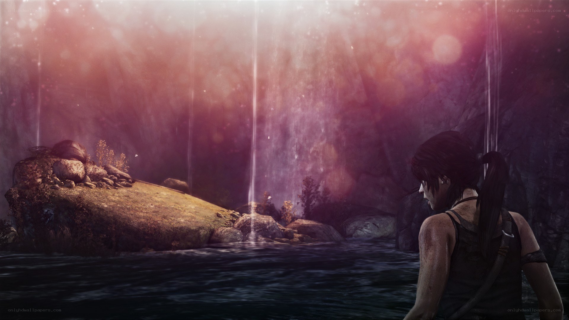 Lara Croft at a waterfall