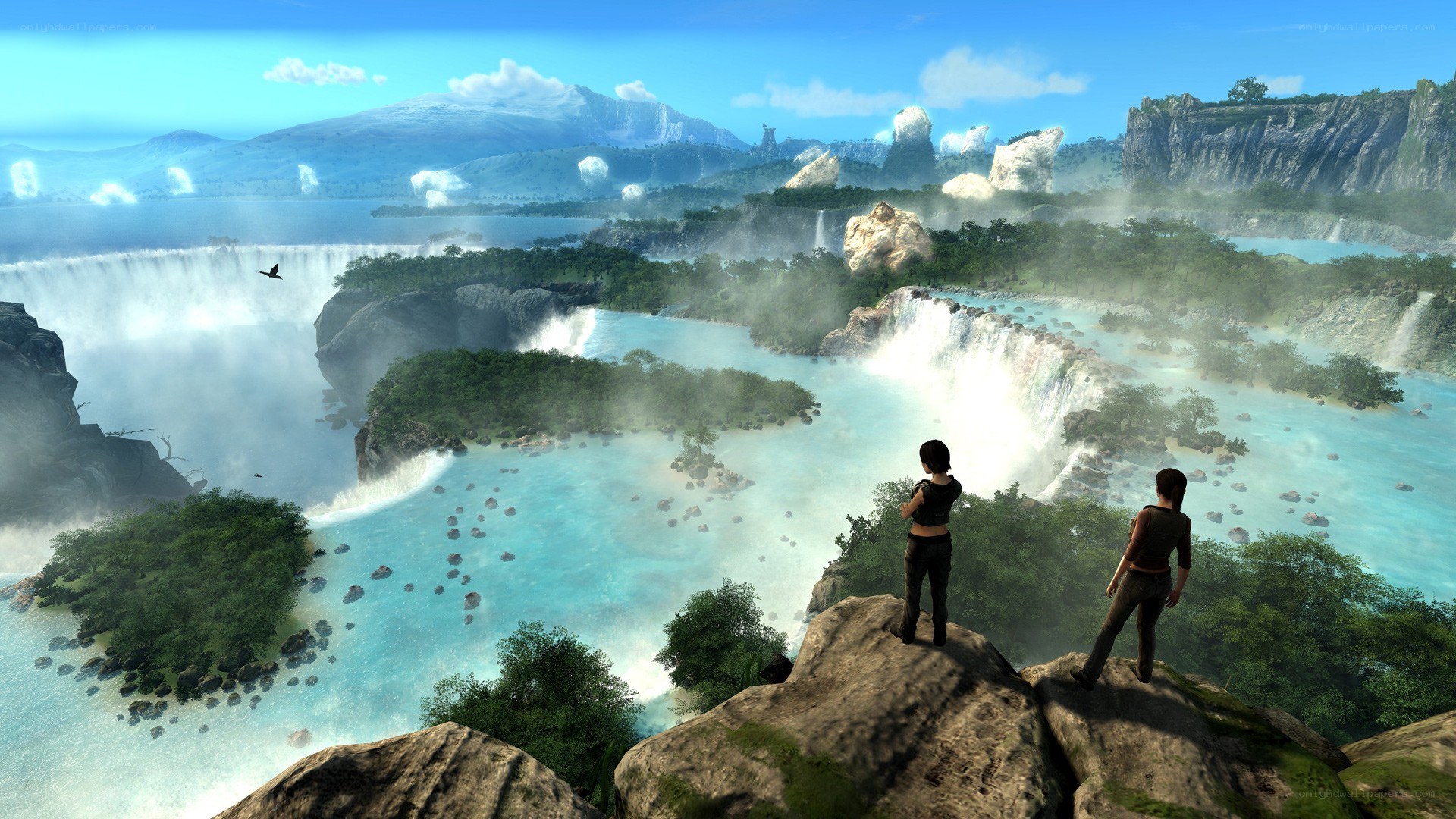 Lara Croft at a waterfall vista