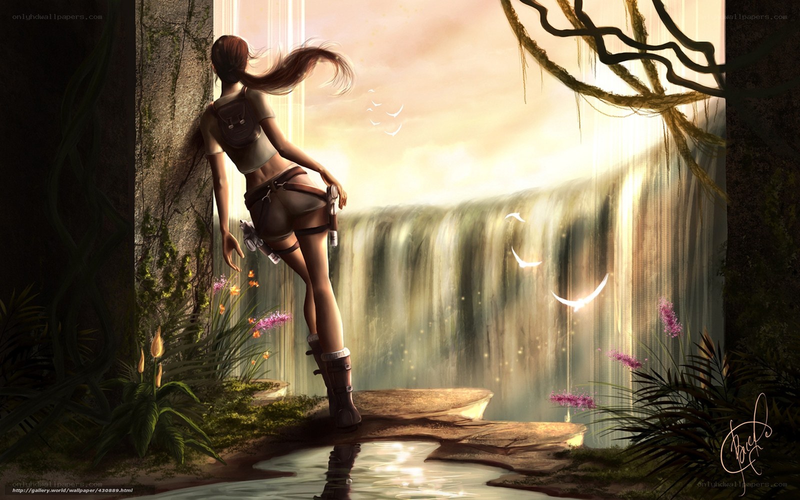 Lara Croft at a waterfall