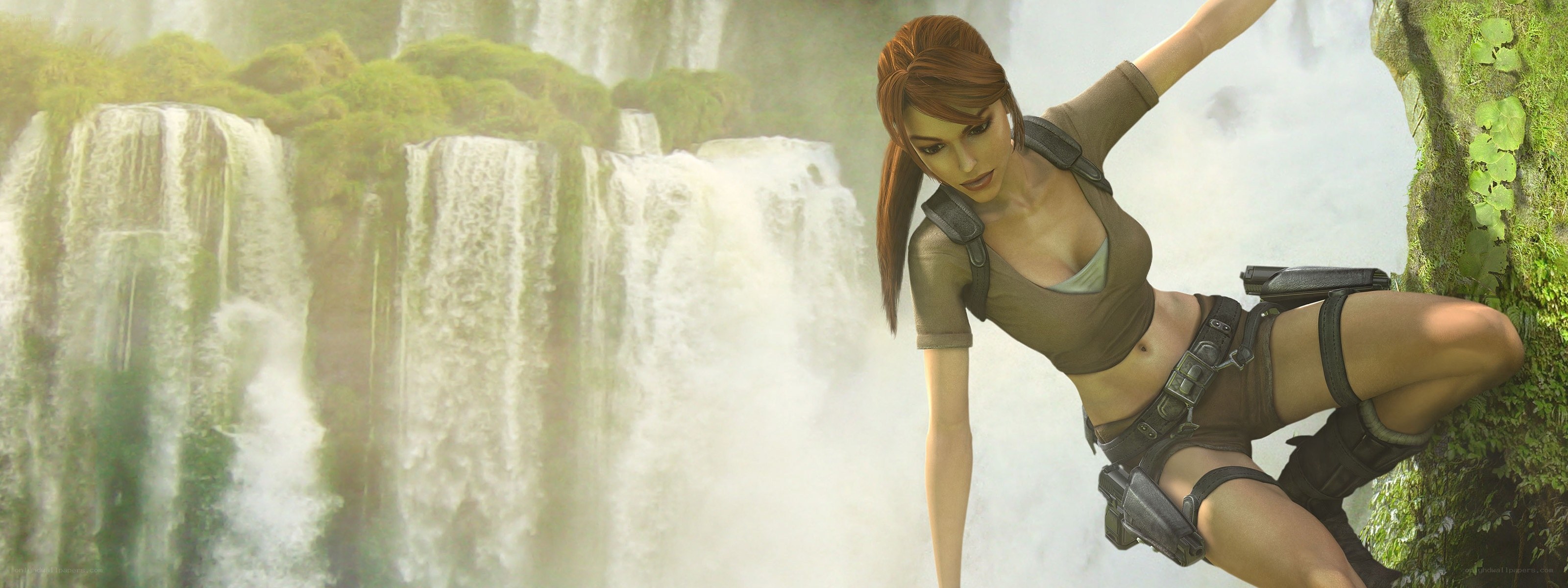 Lara Croft by a waterfall