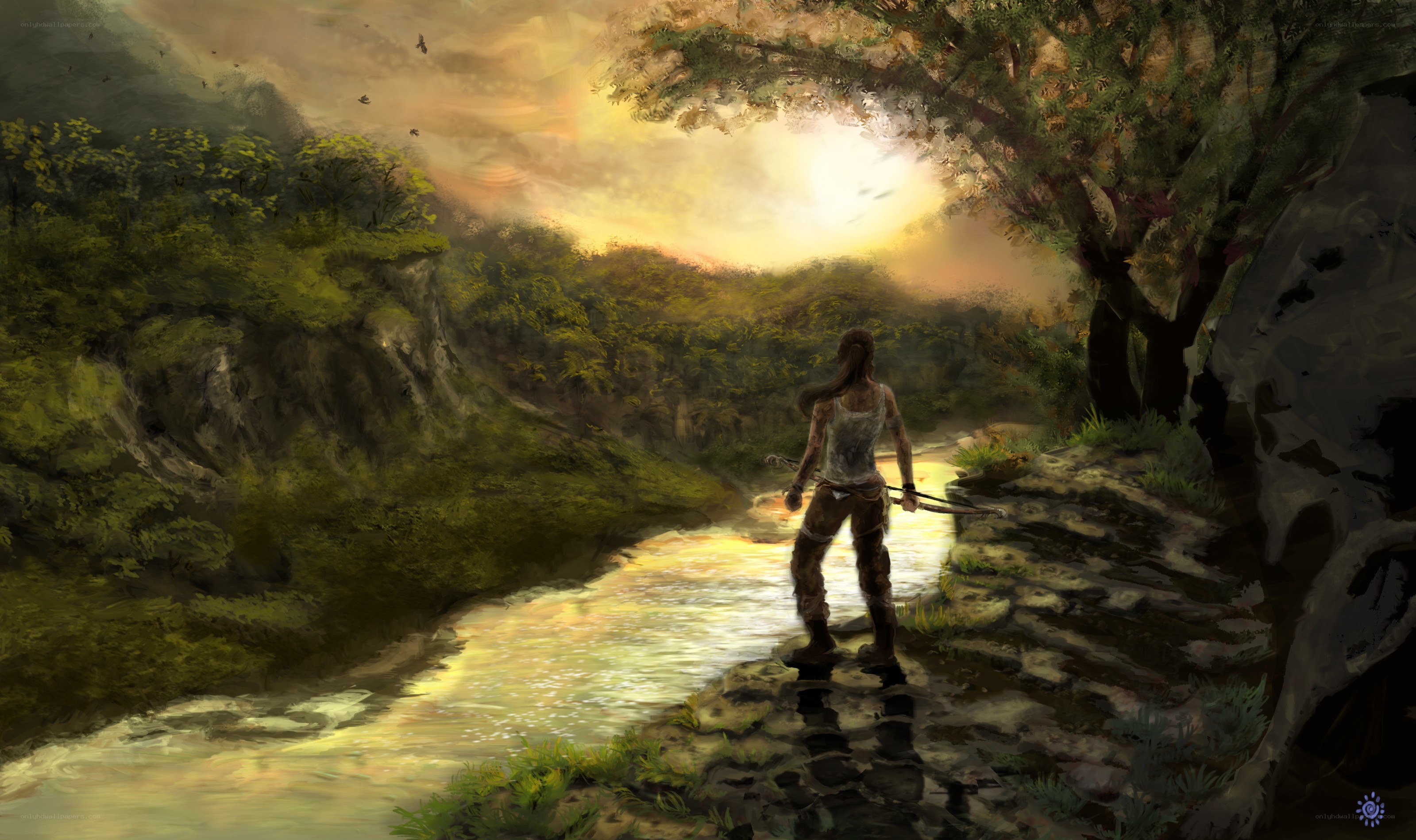 lara croft by the river