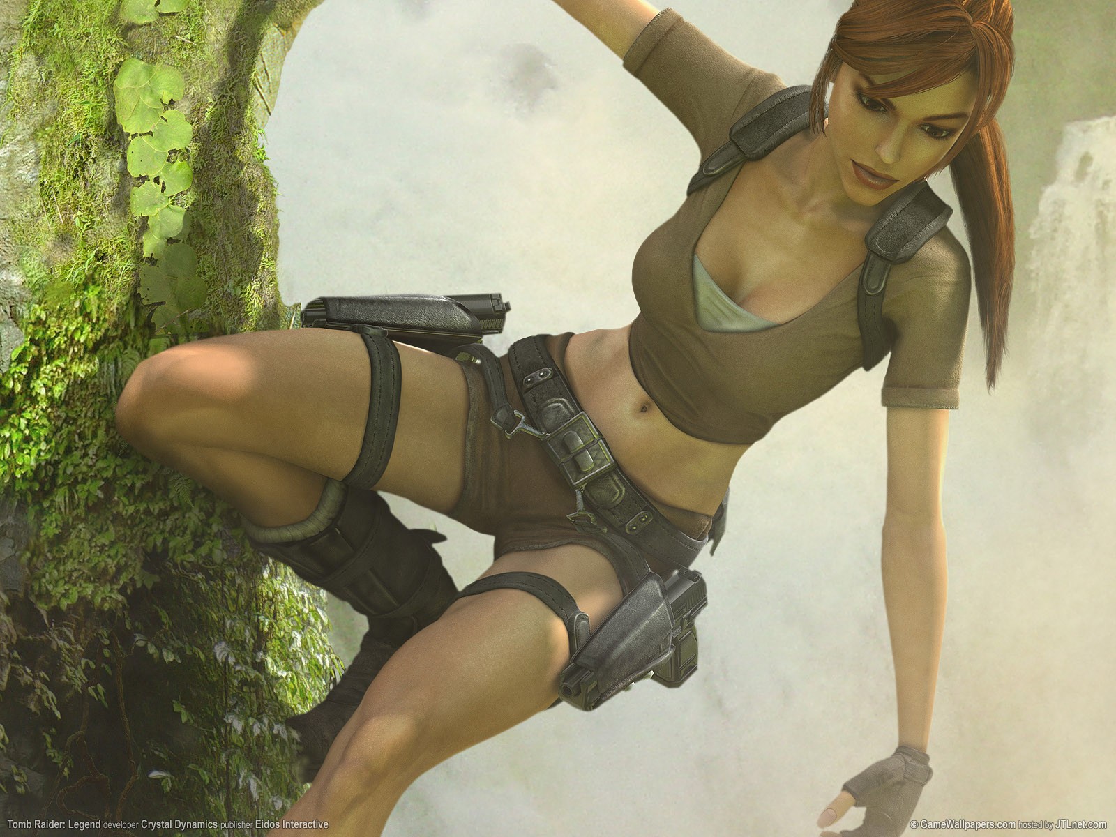 Lara Croft climbing a cliff