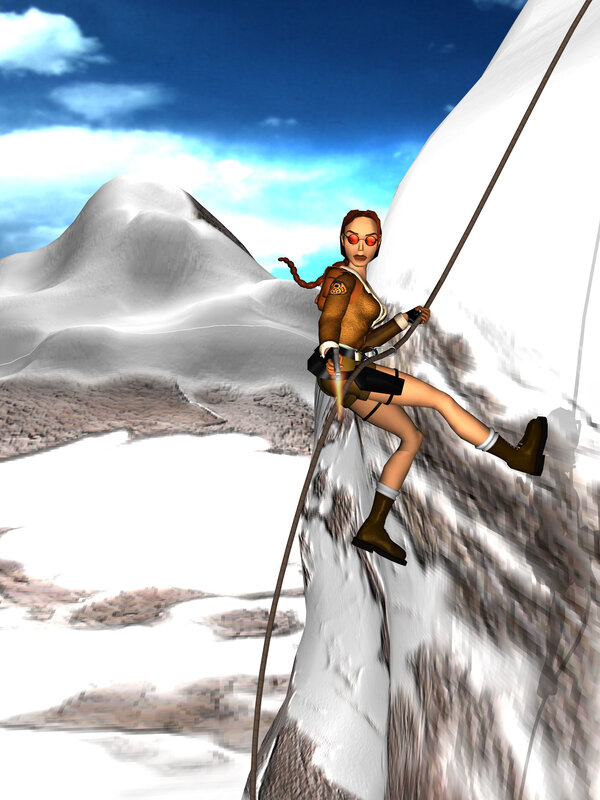 Lara Croft climbing a mountain
