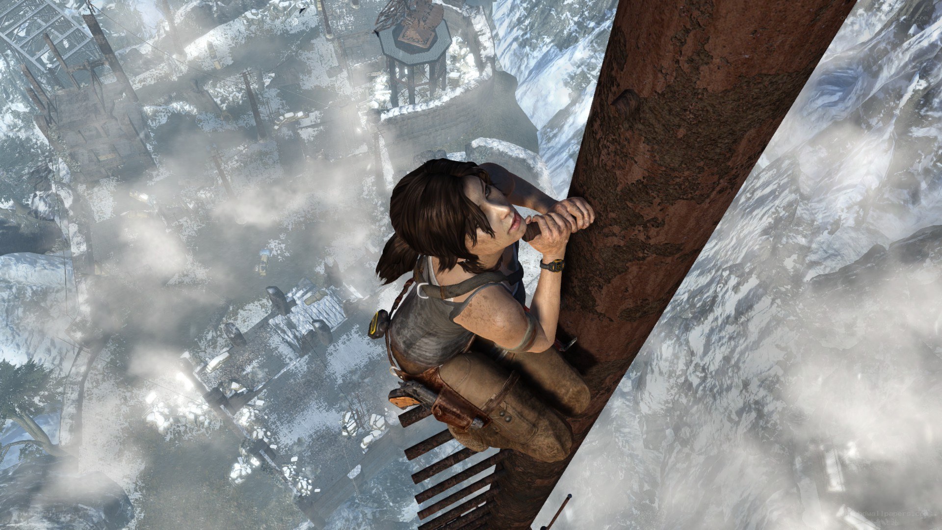 Lara Croft climbing a pole