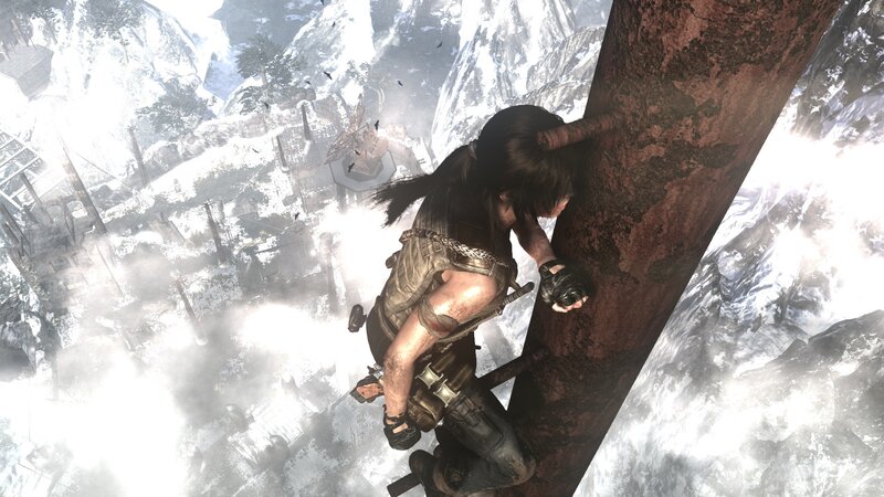 Lara Croft climbing a pole