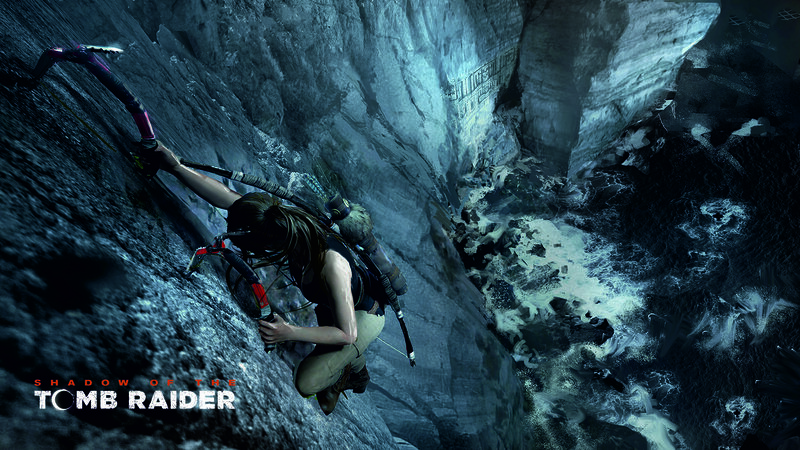 Lara Croft Climbing — Blue, Dramatic