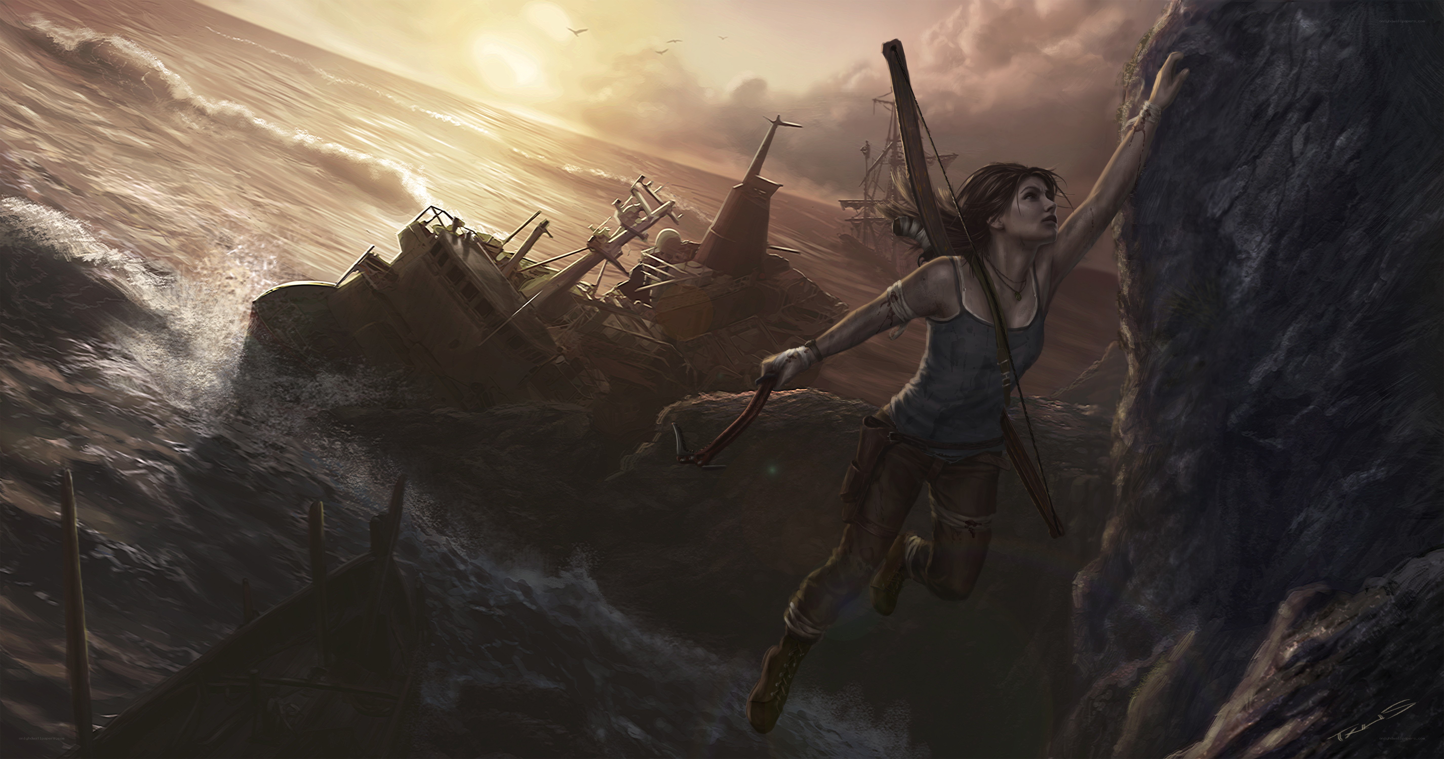 Lara Croft climbing cliff
