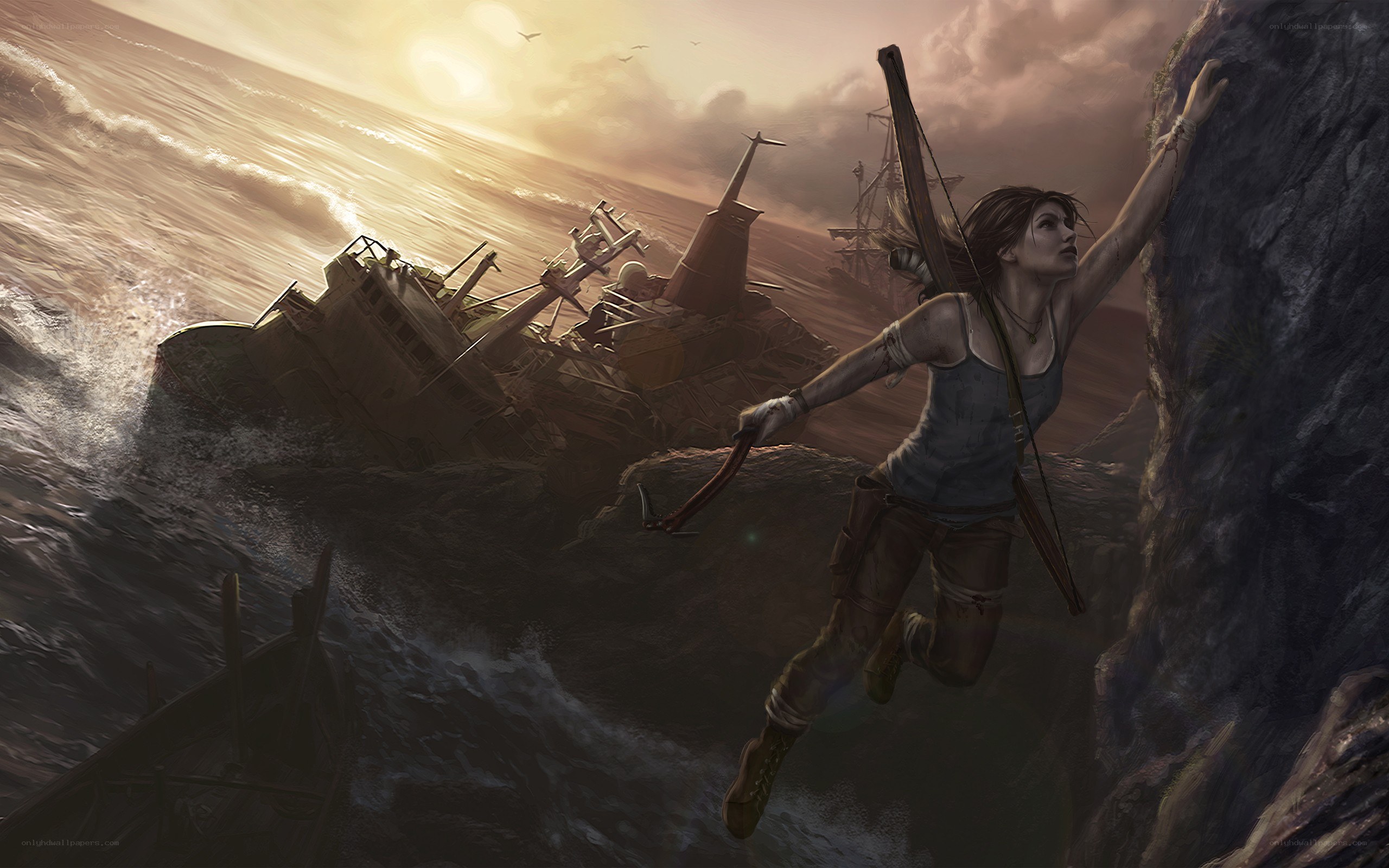 Lara Croft climbing cliff