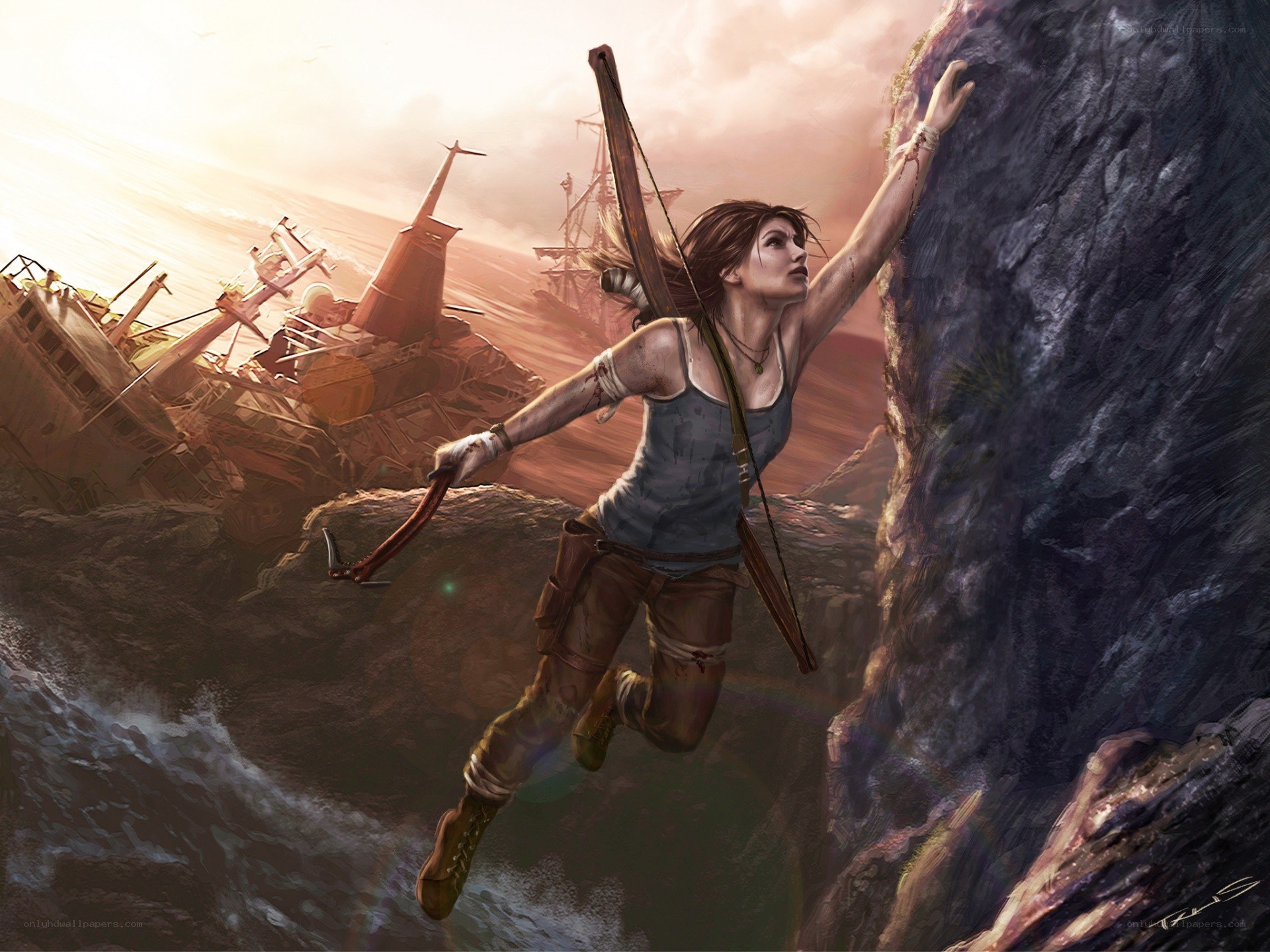 Lara Croft climbing cliff
