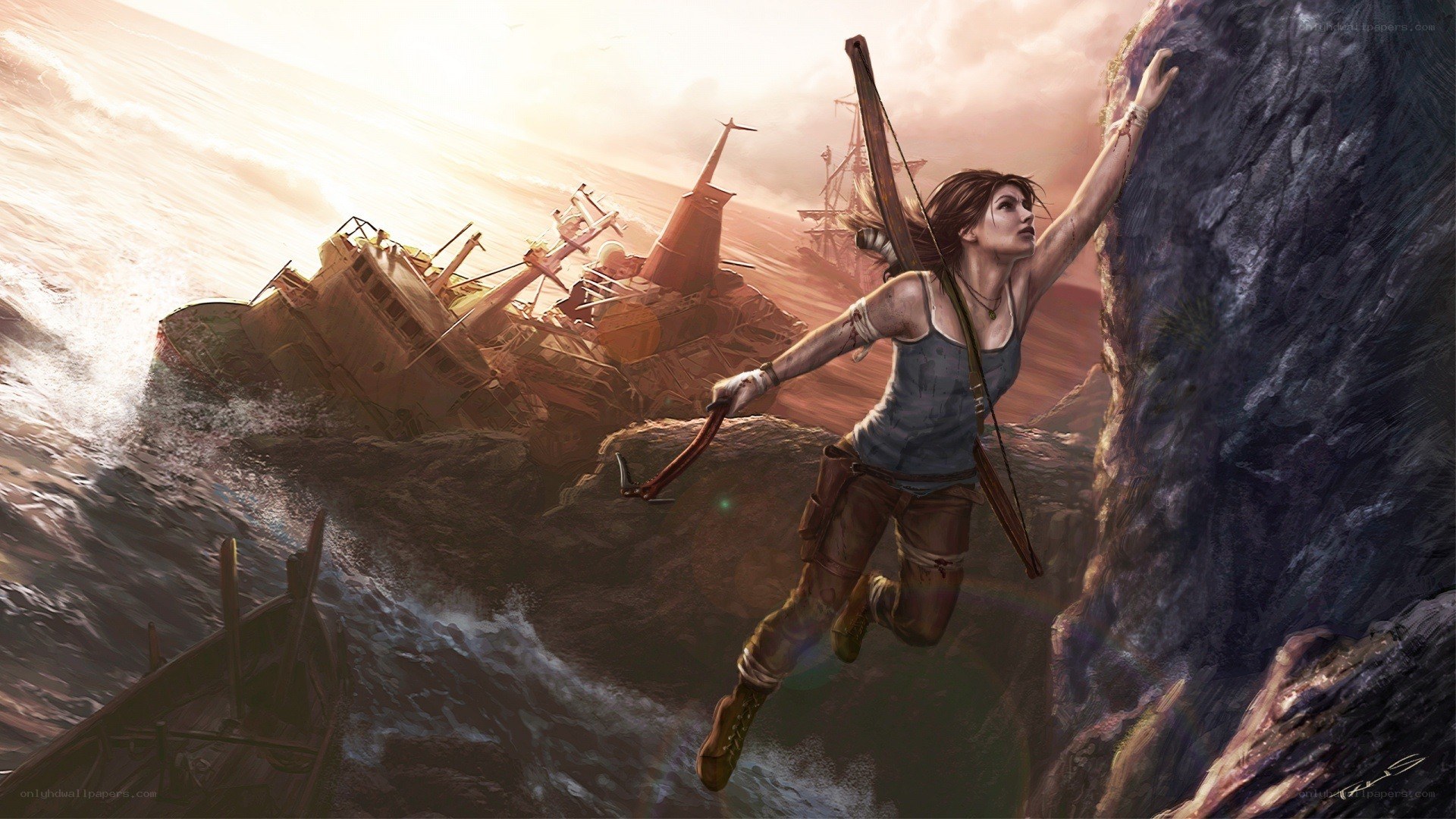 Lara Croft climbing cliff