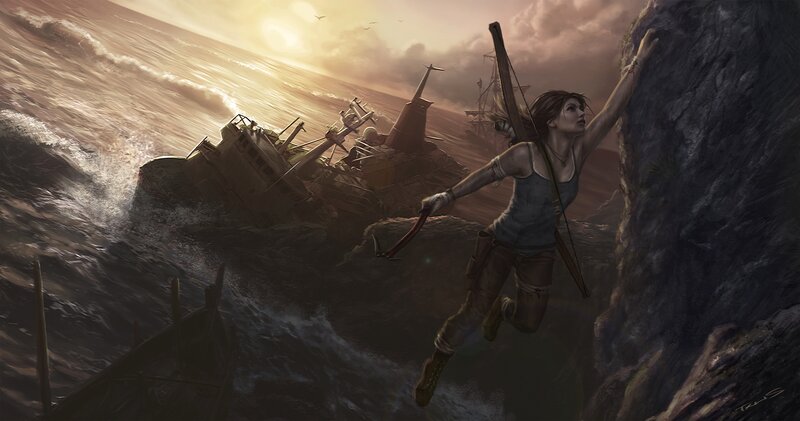 Lara Croft Climbing Cliff — Brown, Dramatic, Sunset