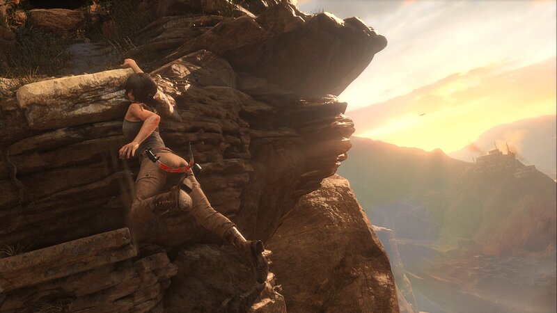 Lara Croft Climbing Cliff — Brown, Dramatic