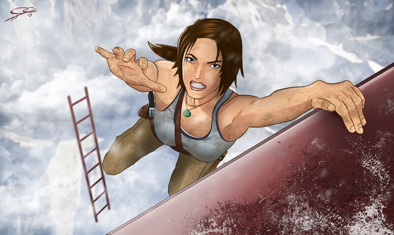 Lara Croft Climbing — Gray, Dramatic
