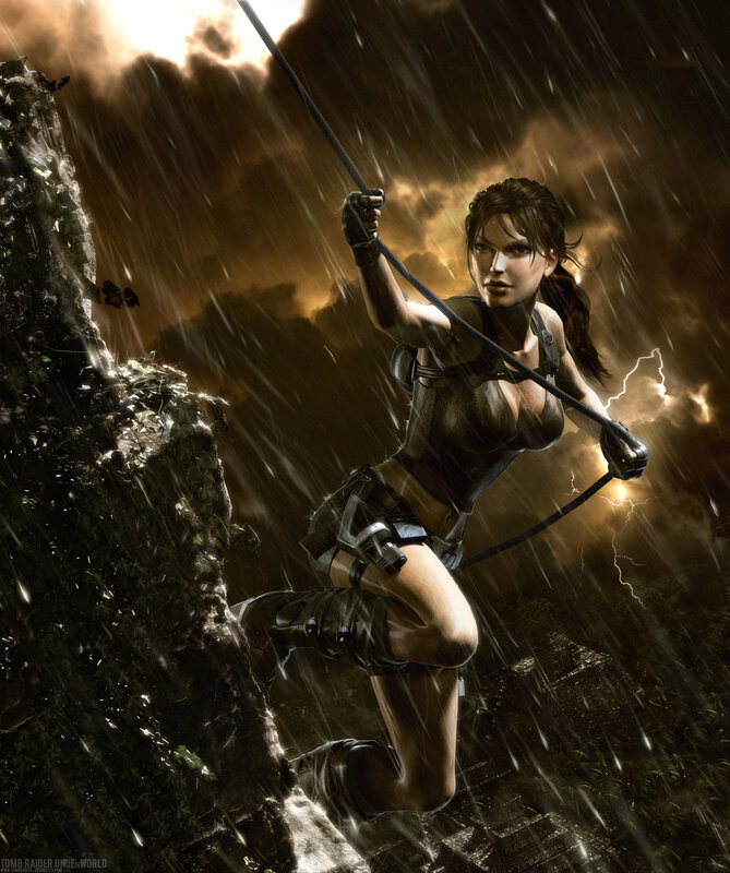 Lara Croft climbing in storm