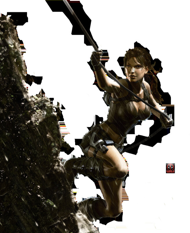Lara Croft climbing rock