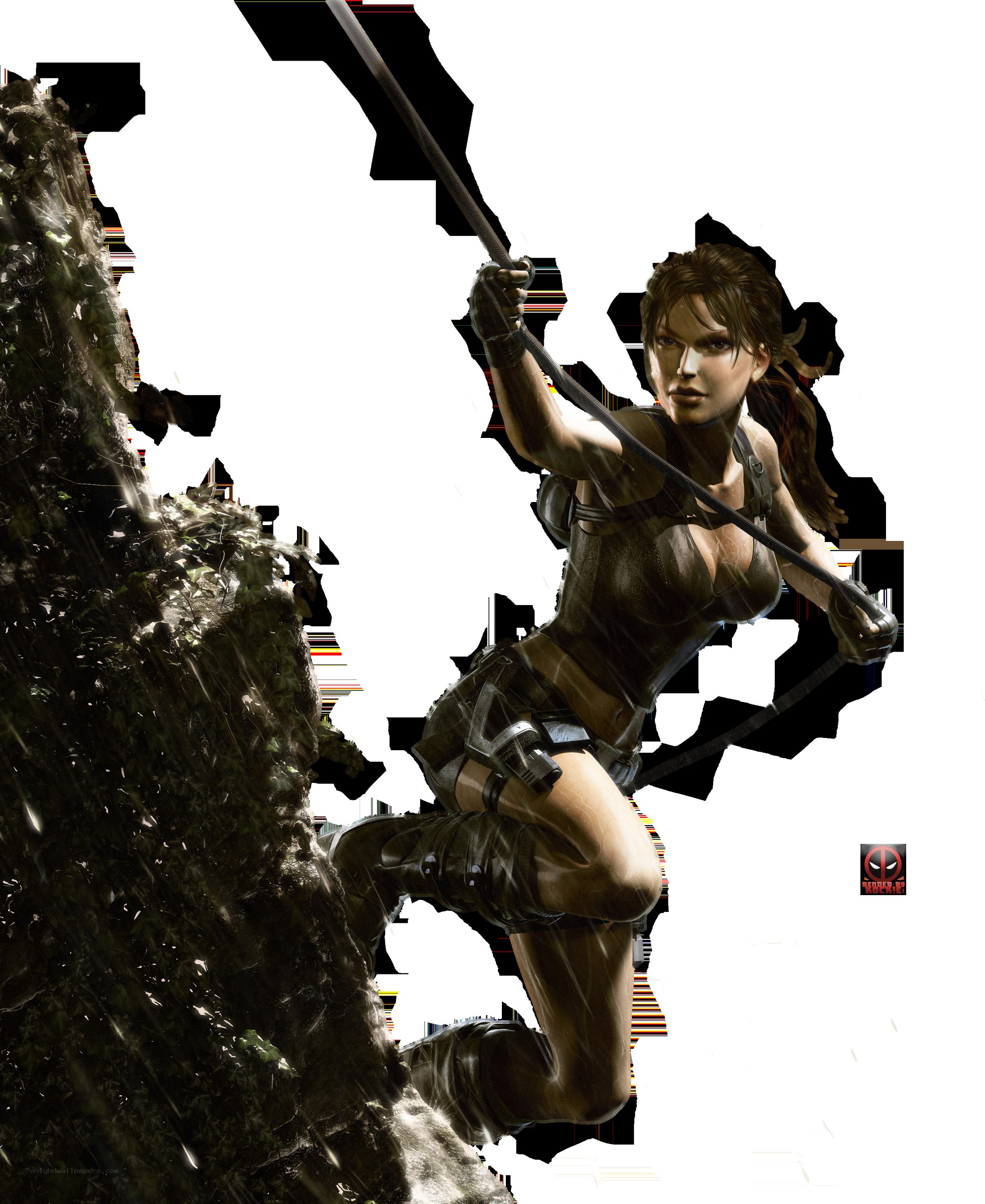 Lara Croft climbing rock