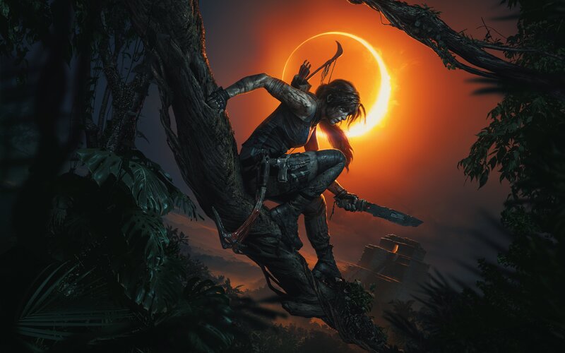 Lara Croft Climbing Tree — Orange, Dramatic, Sunset
