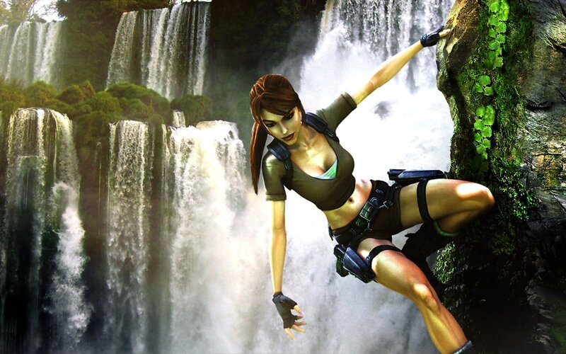Lara Croft climbing waterfall