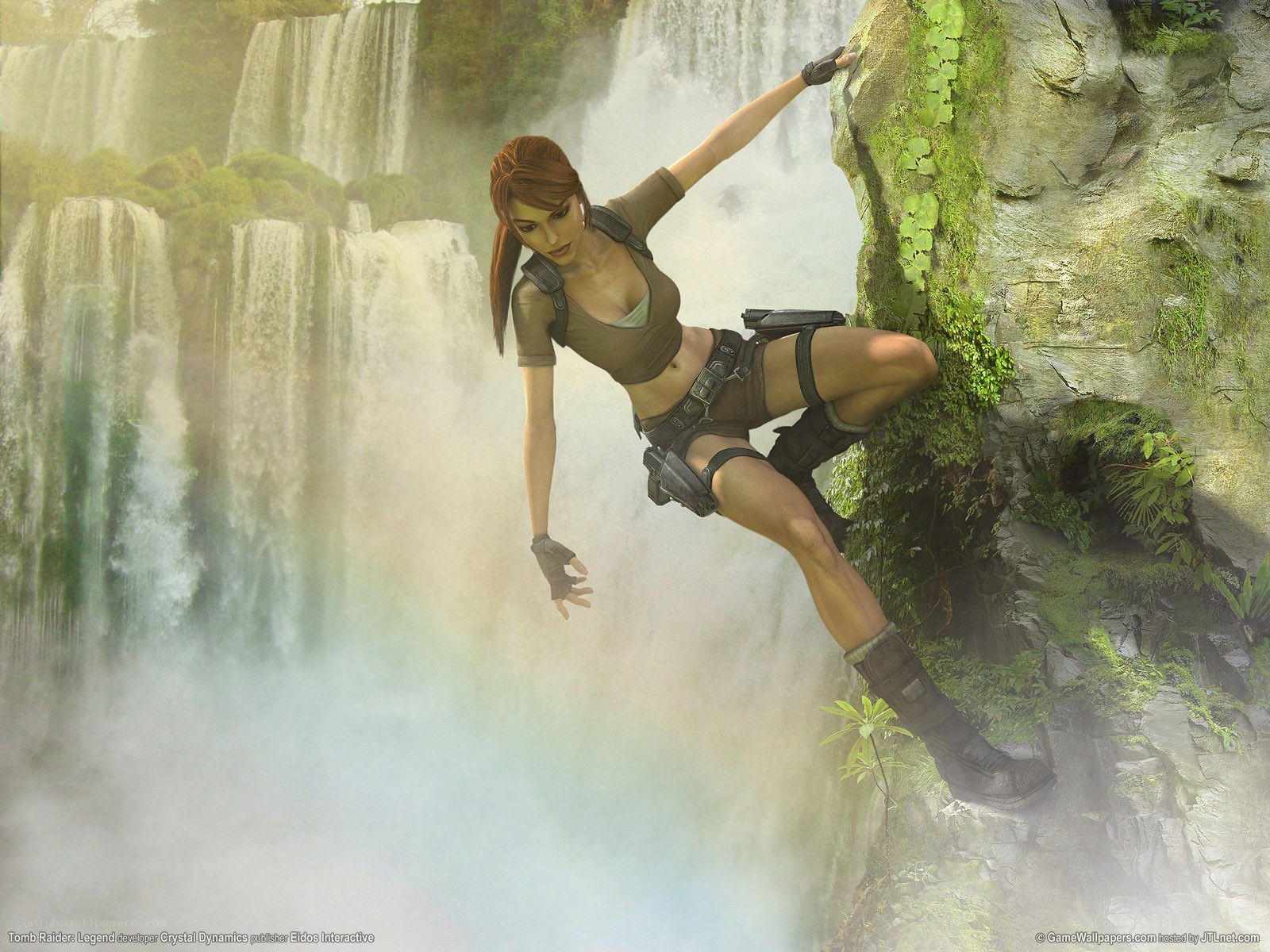 Lara Croft climbing waterfall