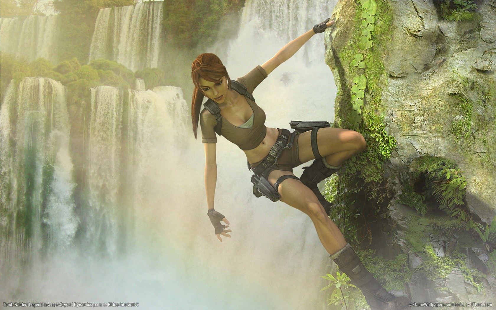 Lara Croft climbing waterfall