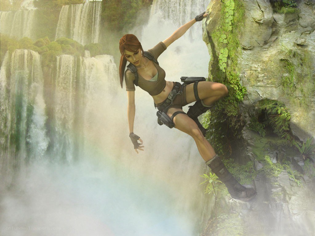 Lara Croft climbing waterfall