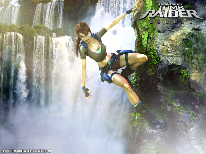Lara Croft climbing waterfall