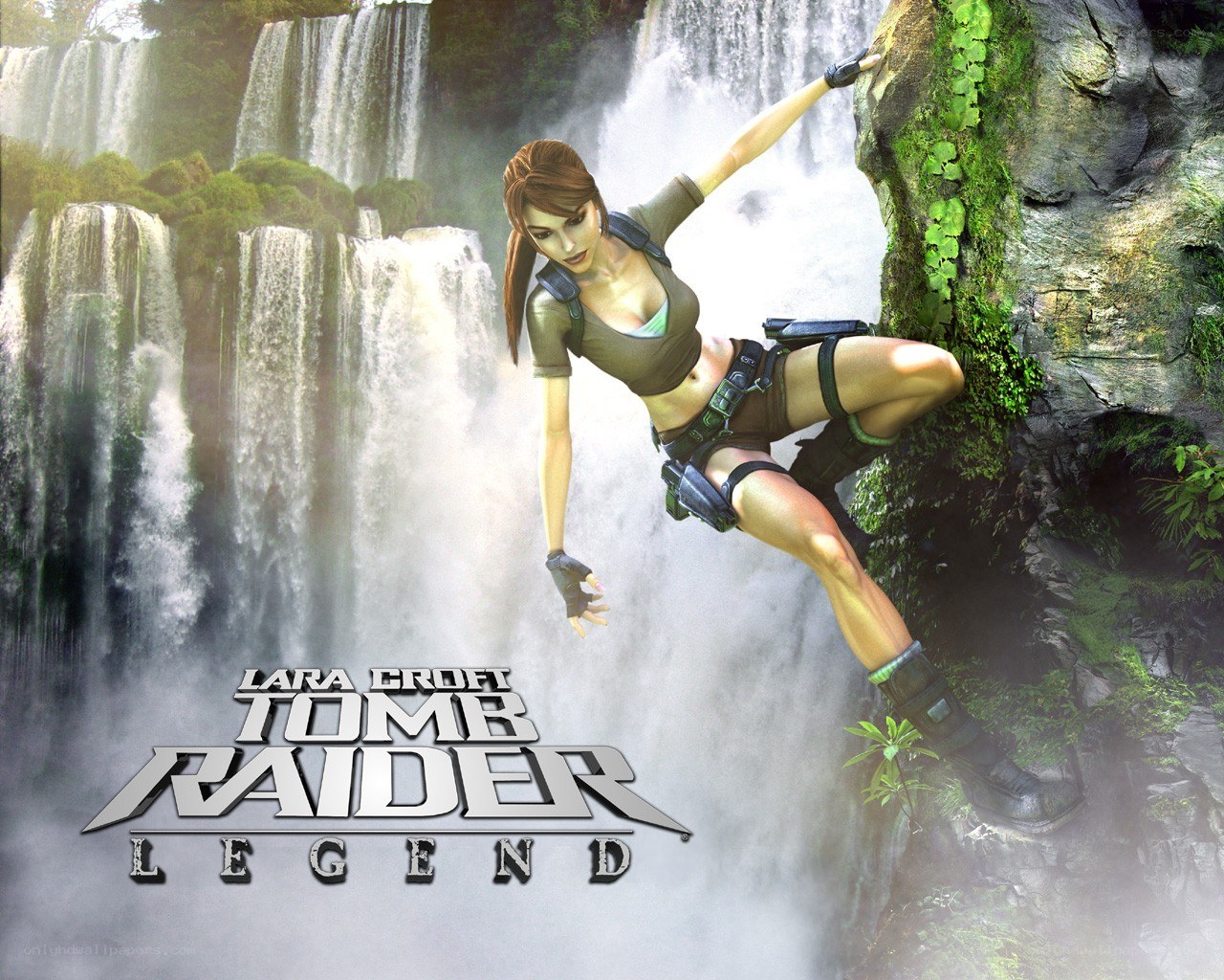 Lara Croft climbing waterfall