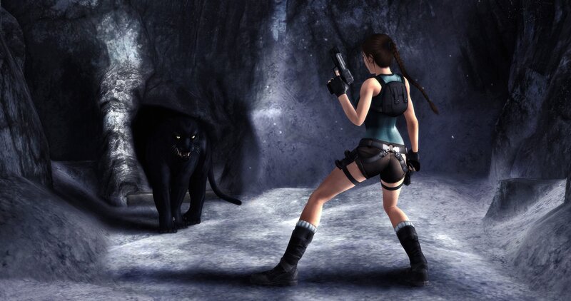 Lara Croft confronts a panther