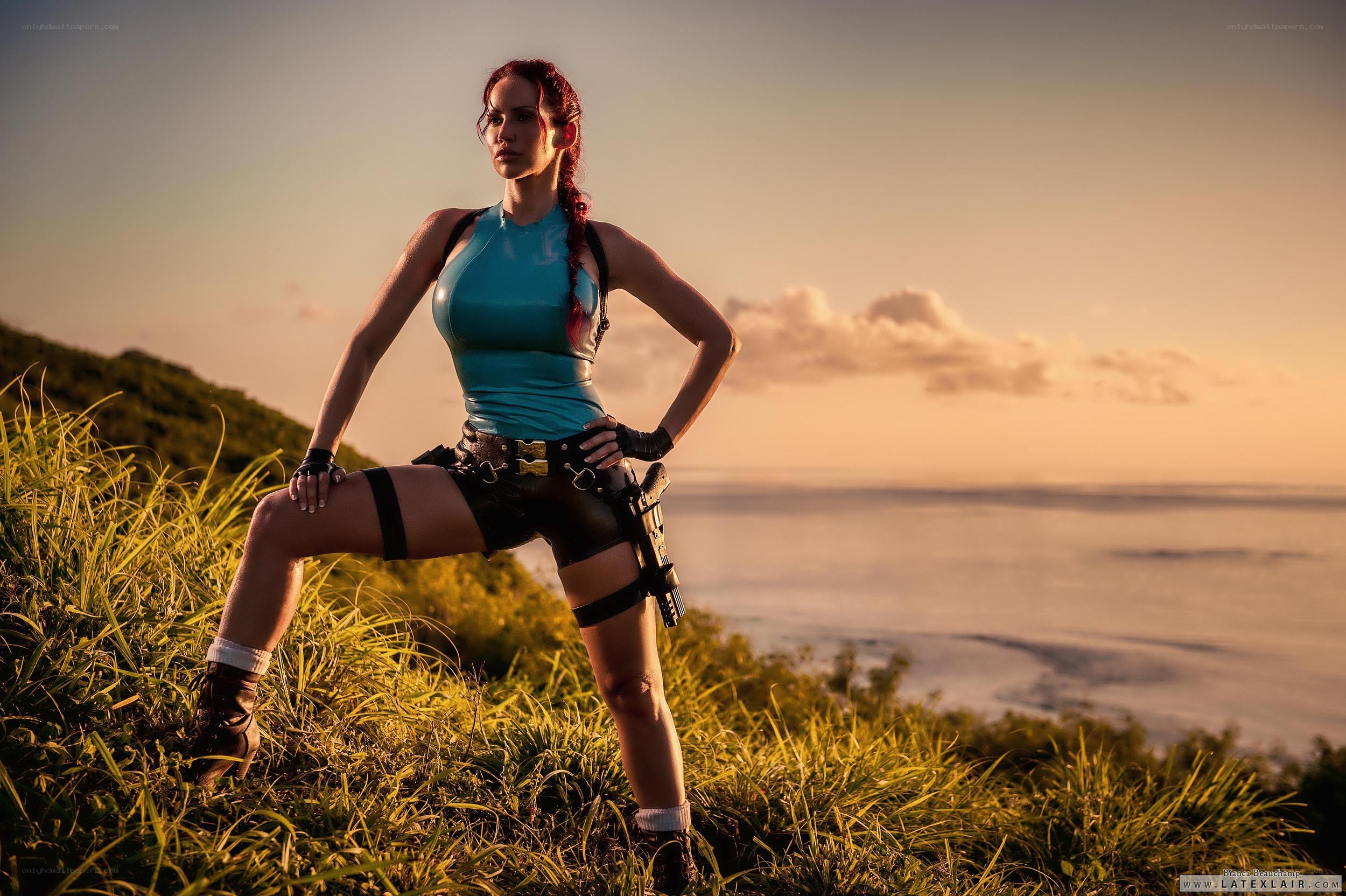 Lara Croft cosplay at sunset