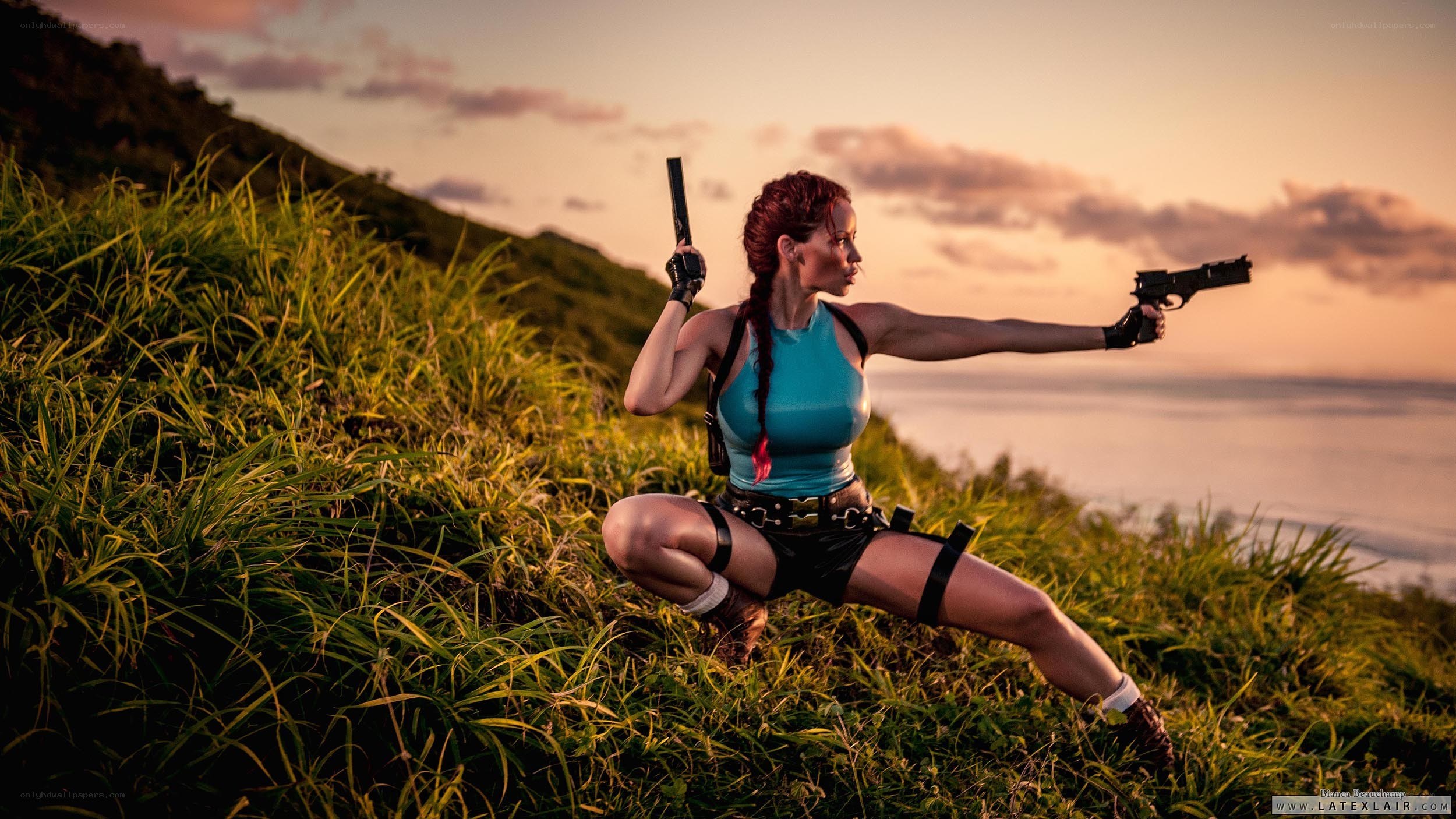 Lara Croft cosplay at sunset