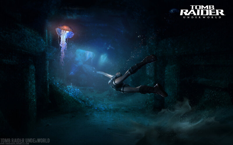 Lara Croft diving underwater